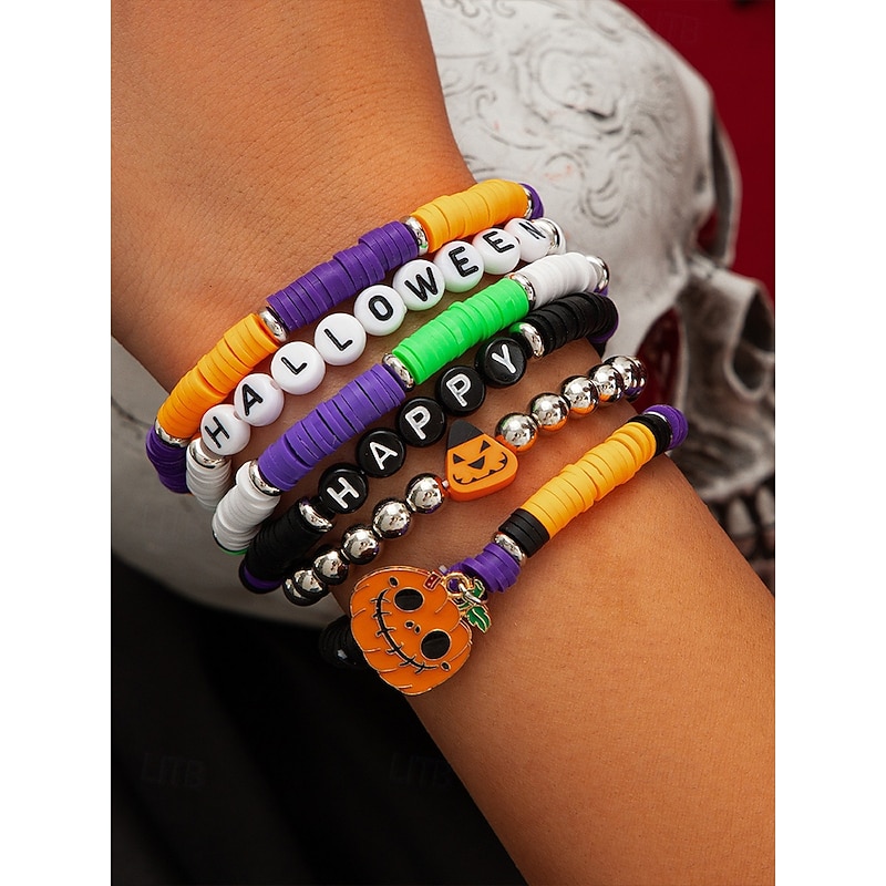 Women's Halloween Beaded Bracelet Set – Colorful Stretch Stackable Bangles with Pumpkin Ghost Charm for Party, Cosplay and Nightlife4