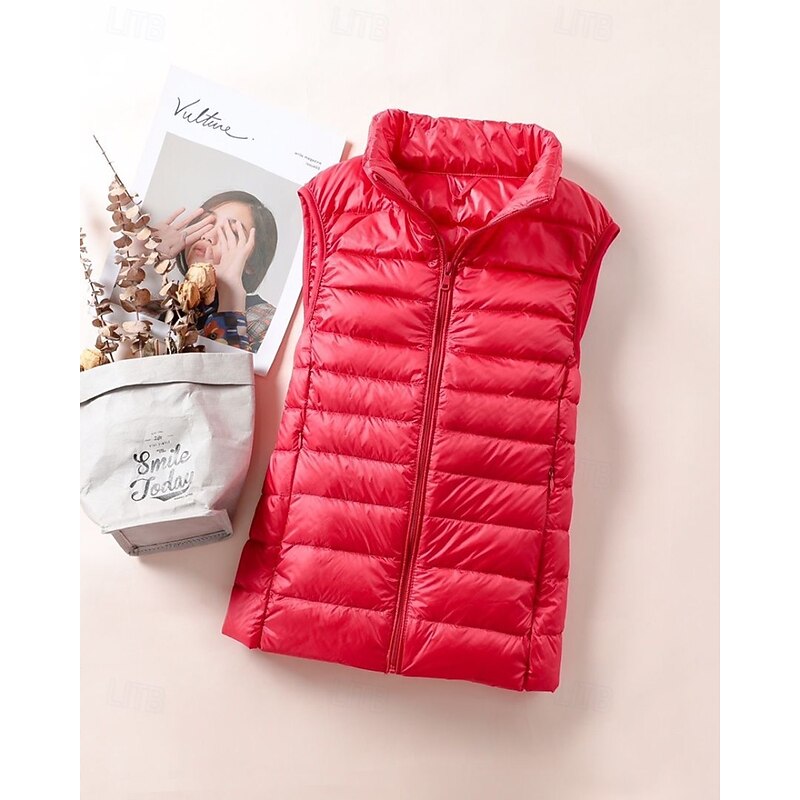 Women's Vest Warm Comfortable Zipper Pocket Casual Plain Holiday Going out Casual Daily Weekend Zipper Regular Stand Collar Regular Fit Sleeveless Outerwear White Red Purple Fall Winter3