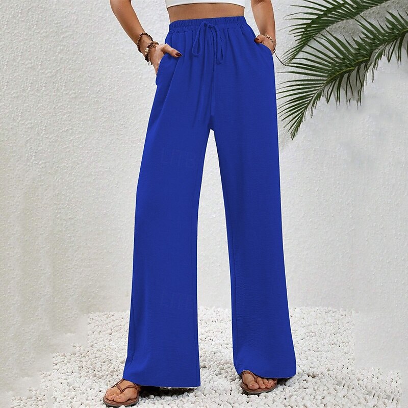 Women's Wide Leg Pants Trousers Palazzo Pants Fashion Streetwear Full Length High Waist Plain Drawstring Elastic Waist Breathability Comfortable Street Daily Wear Going out Black Pink Army Green Navy2