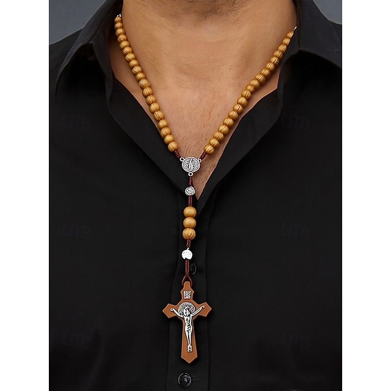 Men's Wooden Rosary Necklace with Saint Benedict Medal and Crucifix – Catholic Prayer Beads for Religious Worship, Spiritual Reflection and Daily Devotion