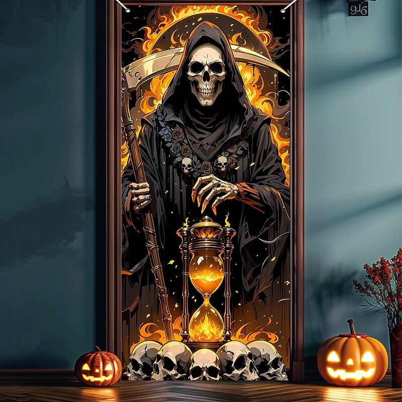 Halloween Tapestry Door Cover Outdoor Banners Skeleton Grim Reaper Psychedelic Dark Punk Gothic Style Party Outdoor Shooting Backgrounds Front Door Wall Porch Home Decor2