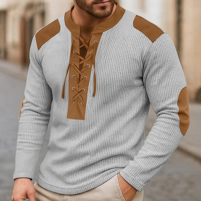 Men's T Shirt Henley Shirt Waffle Knit Tee Tee Top Long Sleeve Stand Collar Lace Up Neck Spring &  Fall Color Block Fashion Designer Basic Patchwork Vacation Street Going out Black Navy Blue khaki2