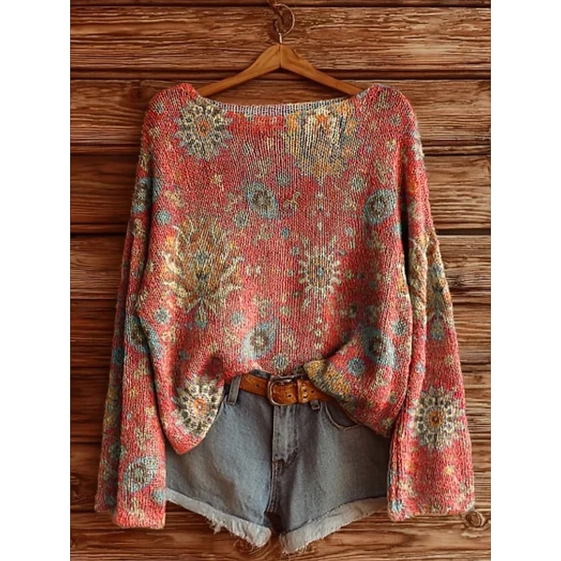 Women's Sweater Casual Soft Floral Vintage Ethnic Long Sleeve Crew Neck Regular Tops Daily Holiday Print Wine Red Purple Fuchsia Spring Fall Winter4