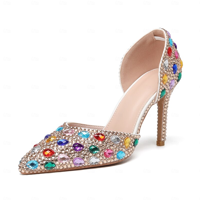 Women's Silver Colorful Rhinestone Stiletto Heels – Sparkly Crystal Embellished Pointed Toe Pumps for Wedding, Prom, and Party Events2
