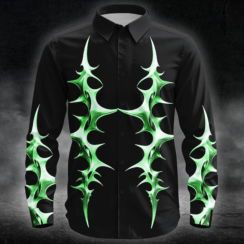 Halloween Men's Neon Glow Flame Spiked Shape Shirt Button Up Shirt Long Sleeve Dark Punk Gothic Style Outdoor Holiday Summer Spring Turndown 3D Print Collared Shirts Red Blue Purple Green4