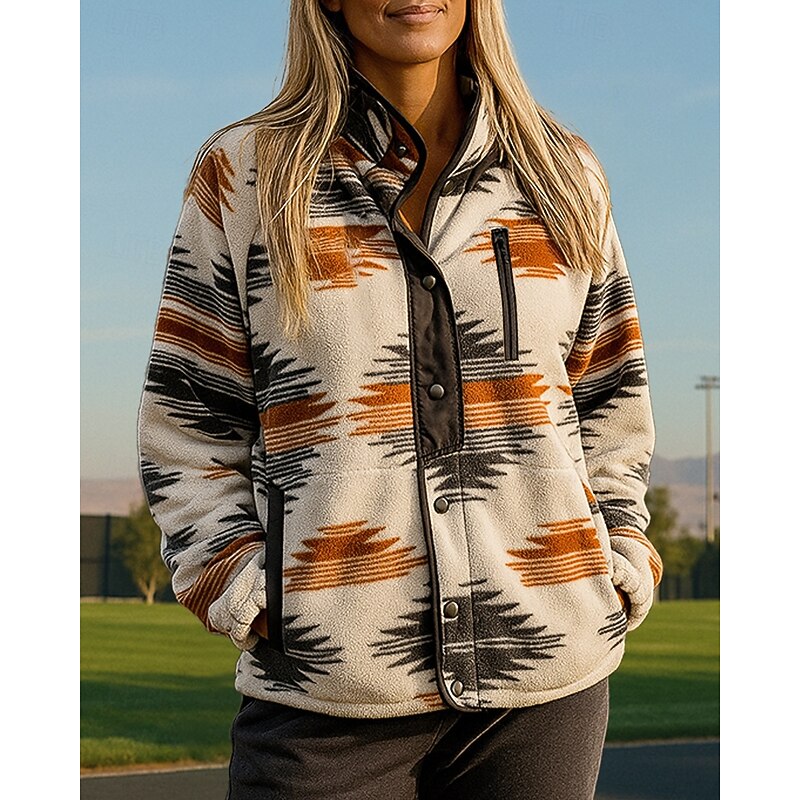 Women's Fleece Jacket outdoor coat Boho with Pockets Long Sleeve Top Athleisure Fall Patchwork Windproof Fashion Warm Outdoor Travel Sportswear Activewear Blue Orange Green3