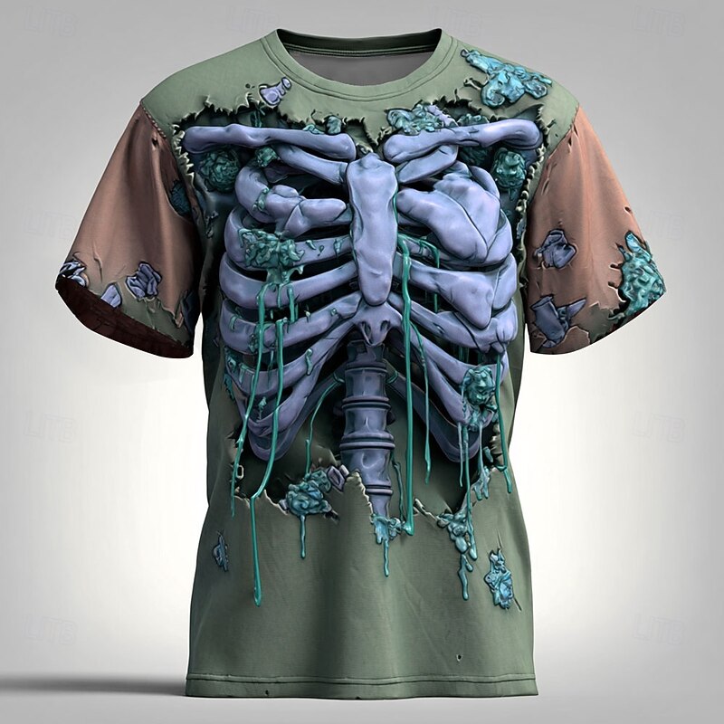 Halloween Men's Optical Illusion 3D Skeleton T Shirt Short Sleeve T shirt 3D Print Crew Neck Shirt Exaggerated Designer Horror Party Club Lake Blue Yellow Blue Summer Spring All Seasons Clothing3