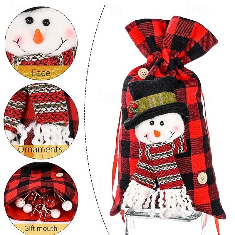 3pcs Christmas Gift Tote Bags, Red and Black Plaid, Kids Candy Bags, Holiday Party Favor Bags, Small Gift Apple Bags3