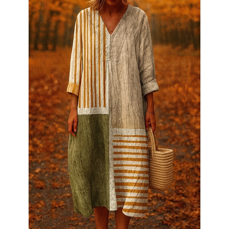 Women's Midi Dress V Neck Long Sleeve Kaftan Lightweight Loose Fit A Line Dress Casual Boho Going out Loose Fit Graphic Geometric Long Sleeve V Neck Light Brown Fall