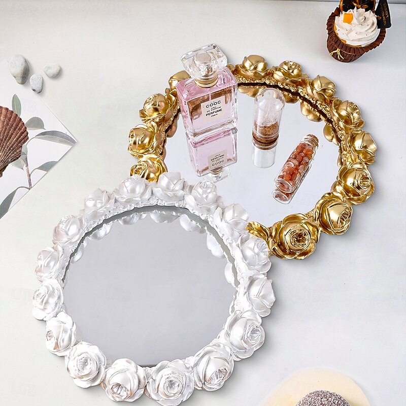 1PC Simple European Rose Garron-shaped Mirror Decorative Tray Resin Handicraft High-definition Glass Mirror Inlay Suitable for Shooting Props Beauty and Cosmetic Storage and Display