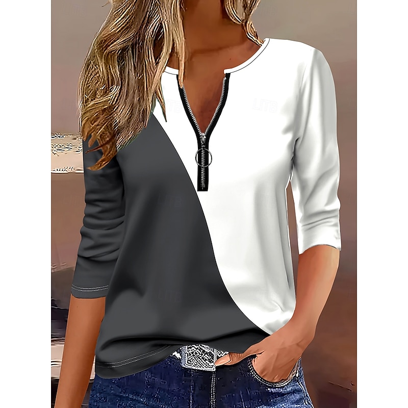 Women's T Shirt Graphic Geometric Color Block Elegant Vintage Stylish Long Sleeve Round Neck Notched Neck Regular Tops Daily Weekend Zipper Print Dark Gray Spring Fall Winter
