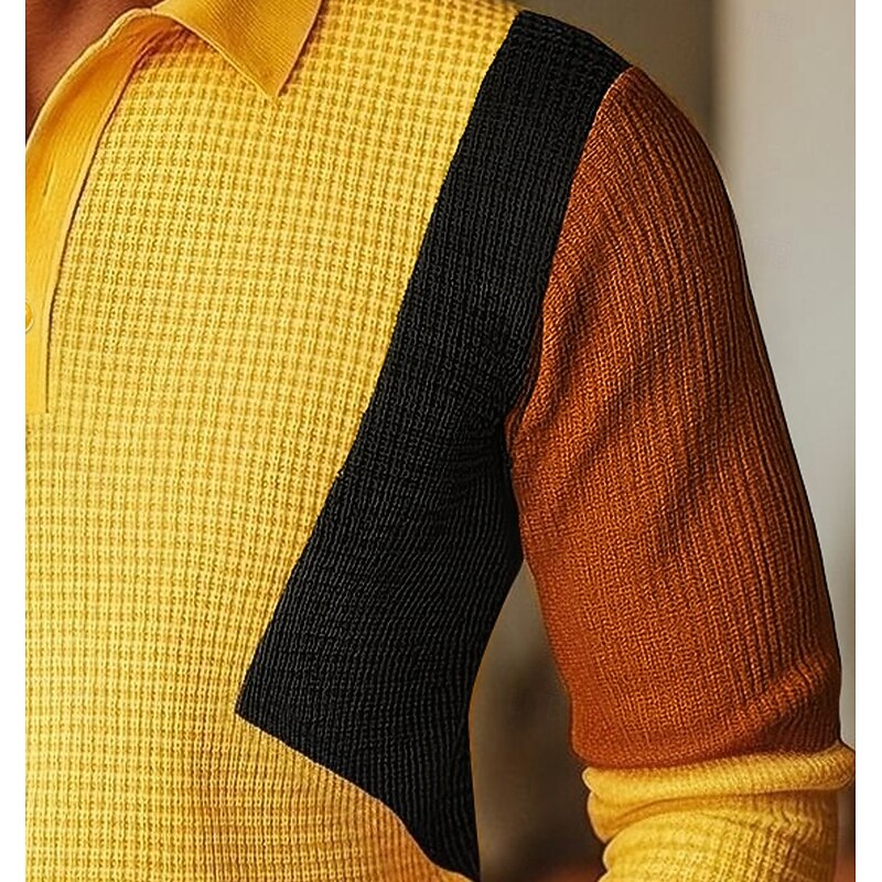 Men's Waffle Polo Shirts Polo Shirts Casual Sports Lapel Long Sleeve Fashion Basic Color Block Patchwork Color Block Fall Winter Spring &  Fall Regular Fit Yellow Waffle Polo Shirts3