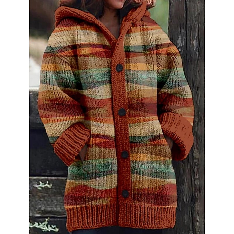 Women's Cardigan Vacation Vintage Daily Geometric Color Block Ribbed Hooded Knitted Print Front Pocket Long Sleeve Regular Tops Knit Outdoor Daily Holiday Yellow Red Fall Winter2