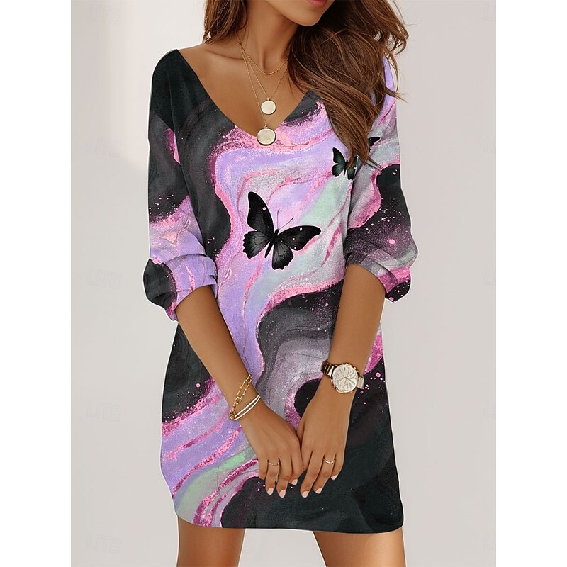 Women's Mini Dress Shift Dress Vacation Casual Daily Holiday Cocktail Party Regular Fit Graphic Animal Butterfly Long Sleeve V Neck Pink Blue Purple Green Summer Spring Fall4