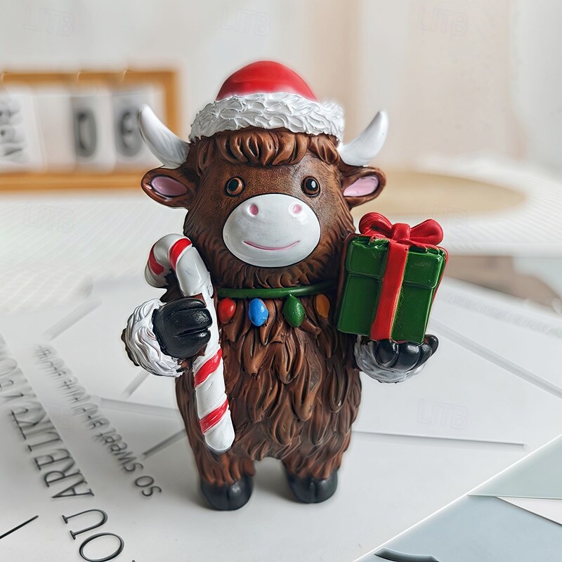 Christmas Highland Cow Figurine with Hats Cute Resin Highlands Cattle Christmas Thanksgiving Statue for Holiday Table Centerpieces Living Room Home Kitchen Tiered Tray Decor2