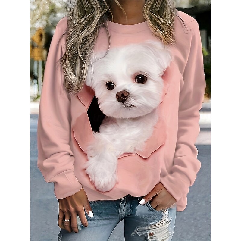 Women's Pullover Sweatshirt Graphic Animal Dog Warm Active Vintage Long Sleeve Crew Neck Regular Tops Street Dailywear Casual Patchwork Print Light Pink Spring Fall Winter