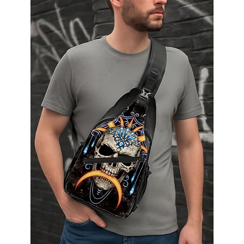 Men's Halloween Skull Design Crossbody Sling Bag By Sarah Richter– Vintage-Inspired Skull with Orange Accents, Unique Art for Halloween Parties, Festivals, and Casual Outfits2