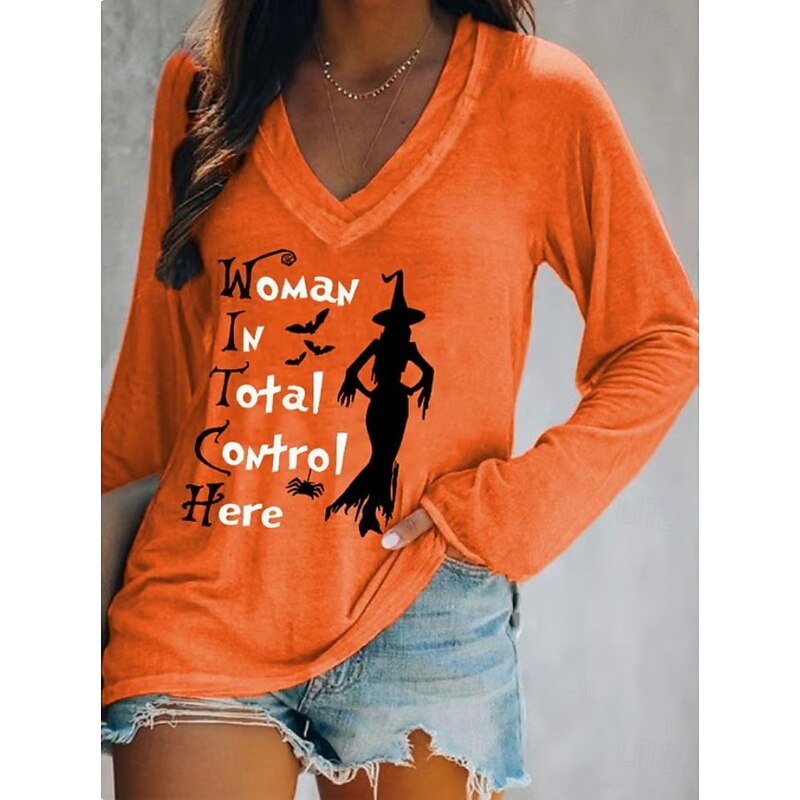 Halloween Women's T shirt Witch Long Sleeve Graphic Vintage Stylish Classic Long Sleeve V Neck Regular Tops Daily Print Black White Orange Gray Spring Fall Prefall
