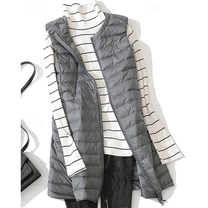 Women's Down Jacket Coat Warm Comfortable Zipper Pocket Fashion Plain Going out Casual Daily Weekend Zipper Long Crewneck Regular Fit Sleeveless Outerwear Black Pink Khaki Fall Winter2