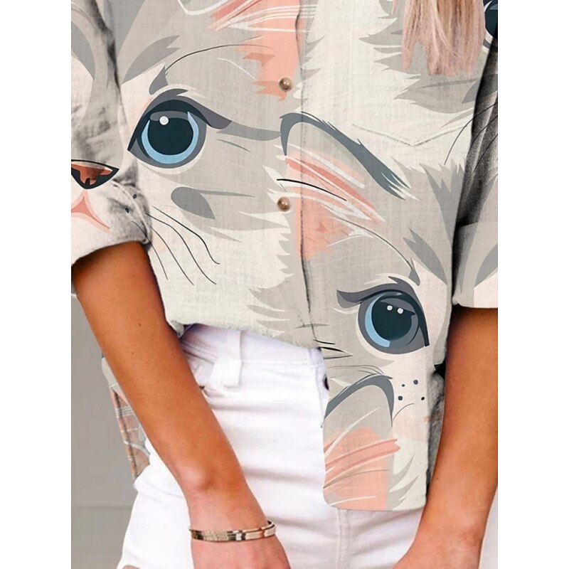 Women's Shirt Cat Active Daily Stylish Long Sleeve Shirt Collar Regular Tops Daily Holiday Buttons Print Gray Summer Spring Fall2