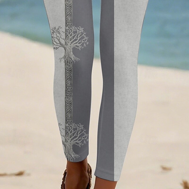 Women's Pants Trousers Leggings Cozy Leggings Streetwear Casual Full Length High Waist Color Block Tree Elastic Waist Print Breathability Comfortable Stretchy Vacation Street Daily Wear Gray Summer3