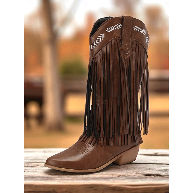 Women's Brown Faux Leather Fringe Cowboy Boots – Western Embroidered Mid-Calf Boots with Square Toe and Low Heel, Boho Country Style for Rodeos, Music Festivals, and Autumn Winter Outfits3