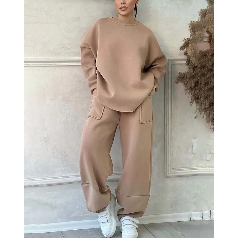 Women's Active Streetwear Blouse Pants Sets Long Sleeve Crew Neck Solid Color Going out Casual Daily Black Brown Green Fall Regular Fit3