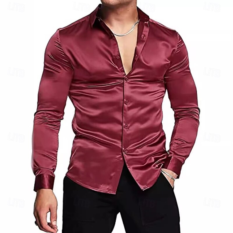 Men's Shirt Silk Like Satin Shirt Dress Shirt Casual Shirt Button Up Shirt Plain Wedding Shower Black White Red Royal Blue Long Sleeve Lapel Spring &  Fall All Seasons Clothing Apparel