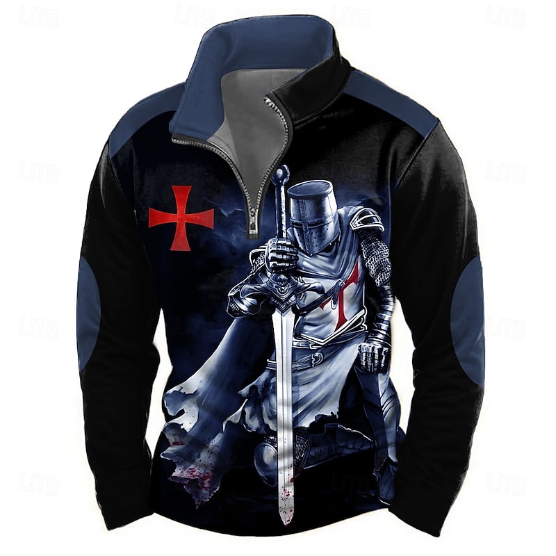 Men's Knights Templar Sweatshirt Casual Long Sleeve Stand Collar Party Club Red Blue 3D Print Quarter Zip Fall Winter Designer4