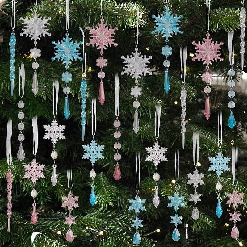18pcs Crystal Christmas Ornaments for Christmas Tree Decorations Hanging Acrylic Snowflake and Icicle Ornaments with Drop Pendants for New Year Party Decorations Supplies
