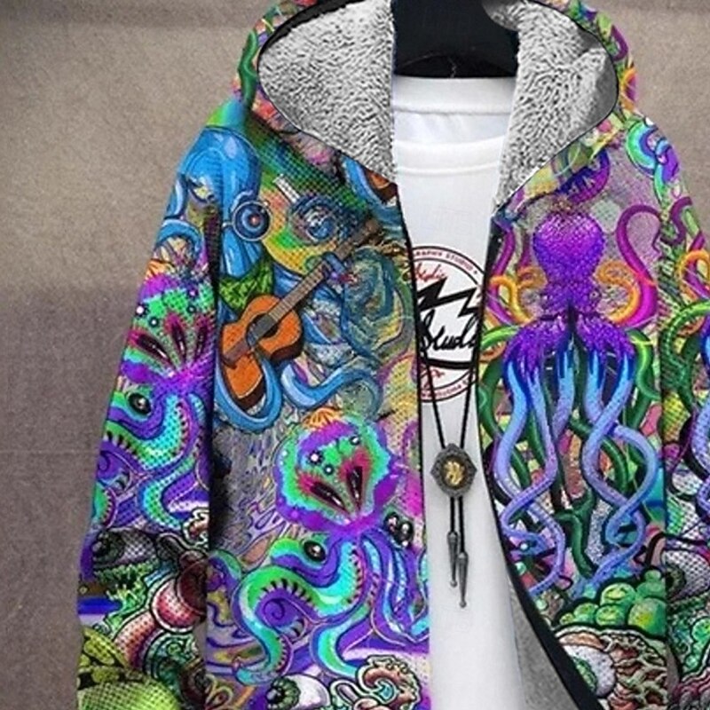 Men's Graphic Winter Coat Fleece Jacket Coat Thermal Warm Comfortable Casual Daily Wear Zipper Pocket 3D Print Fall Winter Hooded Long Sleeve Rainbow2