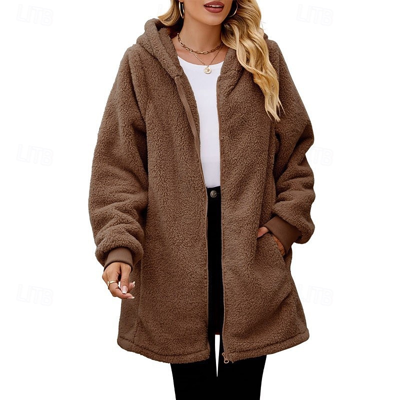 Women's Coat Warm Comfortable Zipper Pocket Fashion Plain Daily Going out Zipper Long Hooded Regular Fit Long Sleeve Outerwear Black Brown Army Green Fall Winter