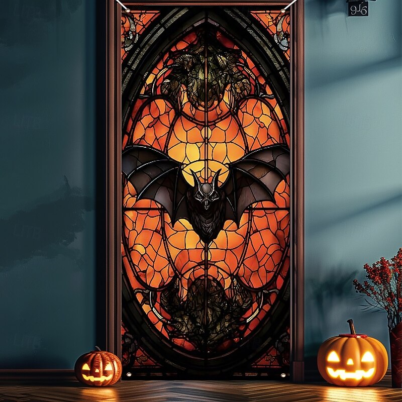 Halloween Door Cover Outdoor Banners Pumpkin Bat 3D Psychedelic Dark Punk Gothic Style Party Outdoor Shooting Backgrounds Front Door Wall Porch Home Decor2
