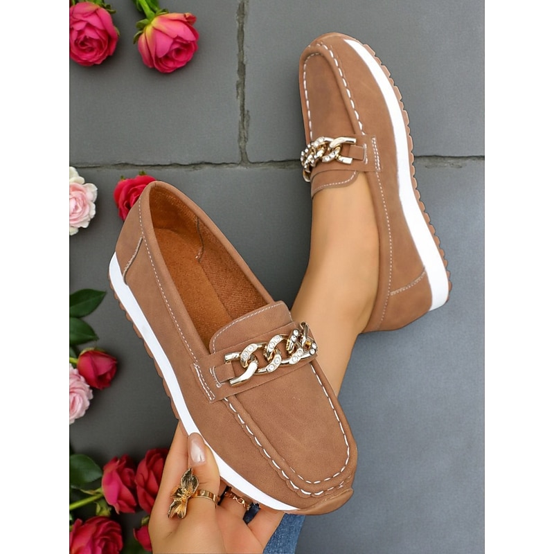 Women's Brown Loafers – Faux Suede Chain Decor Slip-On Casual Shoes for Office, Shopping, Travel and Daily Wear4
