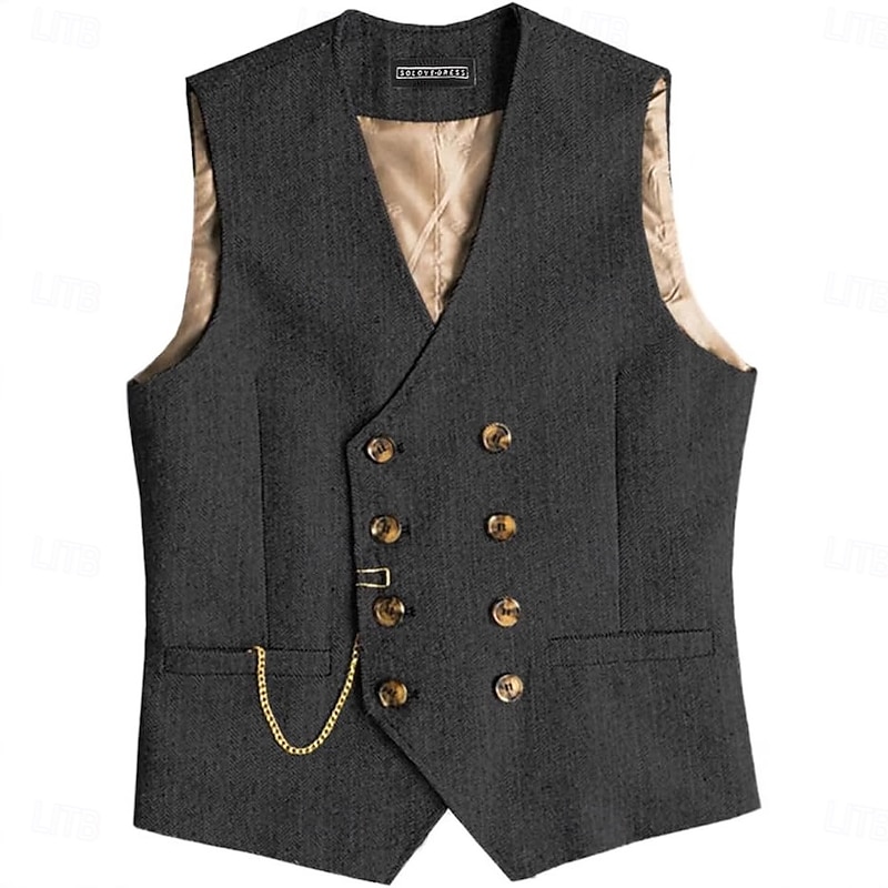 Men's Vest Waistcoat Formal Vacation Daily Wedding Party Fashion Casual Spring Fall Pocket Buttons Polyester Wool Blend Comfortable Plain Herringbone Double Breasted V Neck Slim Fit Burgundy Navy3