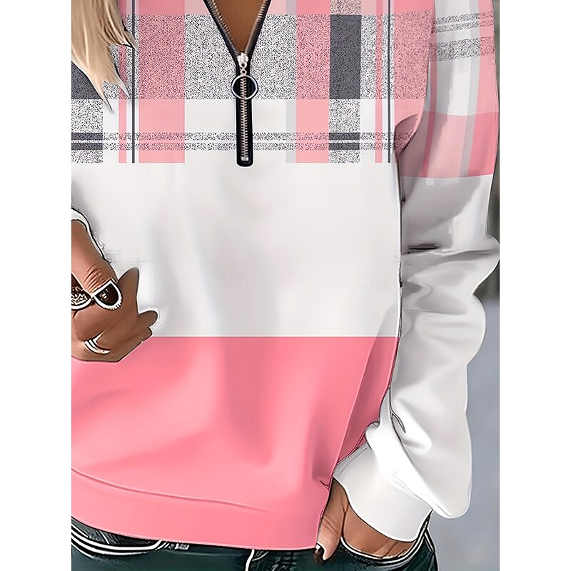 Women's Pullover Sweatshirt Zip Up Sweatshirts Graphic Geometric Plaid Fashion Casual Long Sleeve Crew Neck Regular Tops Street Dailywear Zipper Print Light Pink Spring Fall Winter3