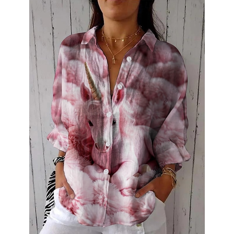 Women's Shirt Animal Daily Casual Long Sleeve Shirt Collar Regular Tops Daily Holiday Buttons Print Pink Summer Spring Fall
