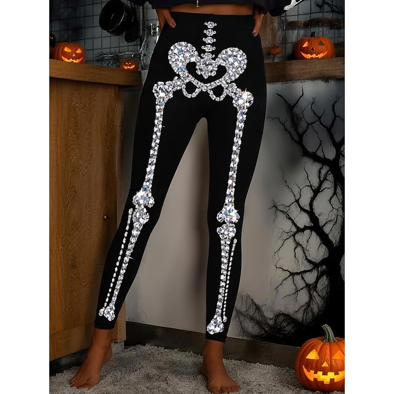 Women's Leggings Vacation Vintage Fashion Full Length High WaistPantsHalloween Graphic Skull Halloween Printing Soft Breathable High Elasticity Outdoor Vacation Street Black and White Black Spring