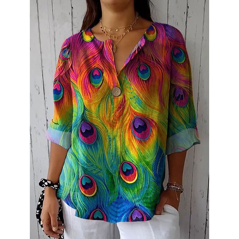 Women's Blouse Graphic Animal Vintage Long Sleeve V Neck Regular Tops Daily Holiday Vacation Wear Patchwork Buttons Print Yellow Blue Green Rainbow Summer Spring