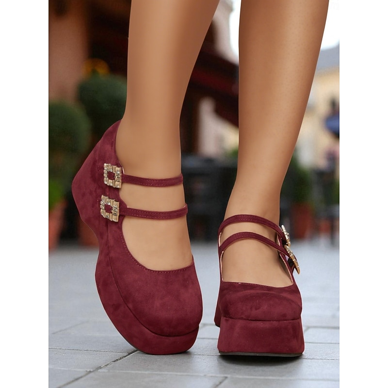 Women's Burgundy Platform Mary Jane Wedge Shoes with Crystal Buckle - Retro Chic Suede Round Toe Heels for Urban Outfits,Daily Wear and Holiday Looks4