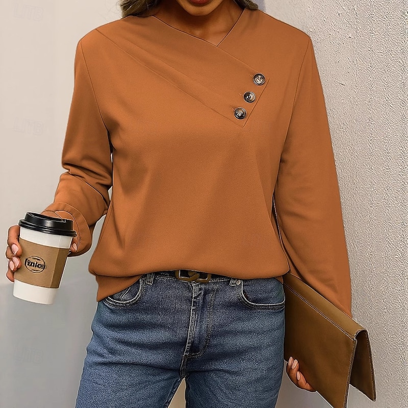 Women's Blouse Solid Color Elegant Vintage Tropical Long Sleeve V Neck Regular Tops Work Daily Holiday Asymmetric dark brown Black Blue Apricot Spring Fall3