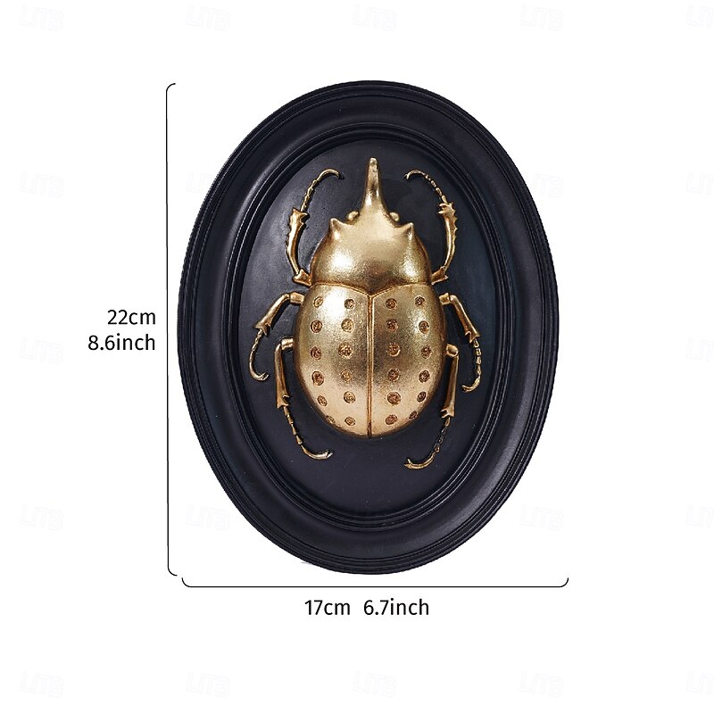 Golden Beetle Wall Decor, Black Oval Frame Insect Ornament, Handmade ABS Resin Sculpture, Collectible for Insect Enthusiasts, Ideal for Bug Museum, Themed Party, and Home Wall Decoration2