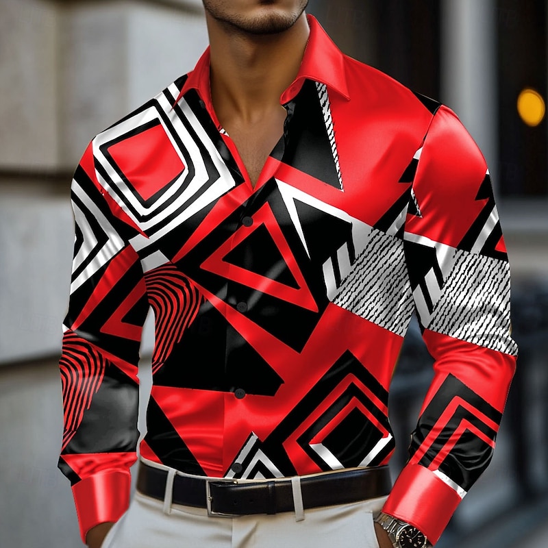 Men's Geometric Color Block Grid / Plaid Shirt Satin Shirt Dress Shirt Long Sleeve Fashion Casual Vacation Dailywear Summer Spring Fall Turndown 3D Print Button Up Shirts Red Blue Green Dark Blue