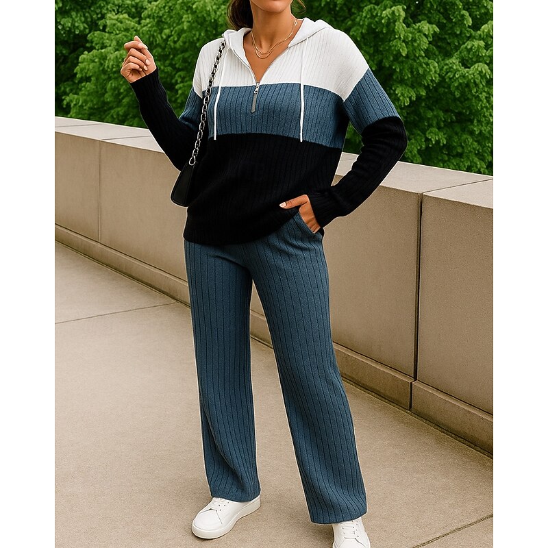 Women's Lounge Knitted Suits Drawstring Color Block Clothing Suit Fall & Winter Blue Khaki Outdoor Travel Sports Fashion Breathable Long Sleeve Sport Activewear Micro-elastic4