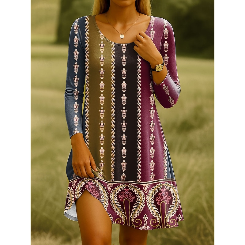 Women's Knee Length Dress Knit Dress Casual Dress T Shirt Dress Tee Dress Sundress Casual Regular Fit Graphic Paisley Long Sleeve Crew Neck Pink Blue Purple Brown Spring Fall Winter