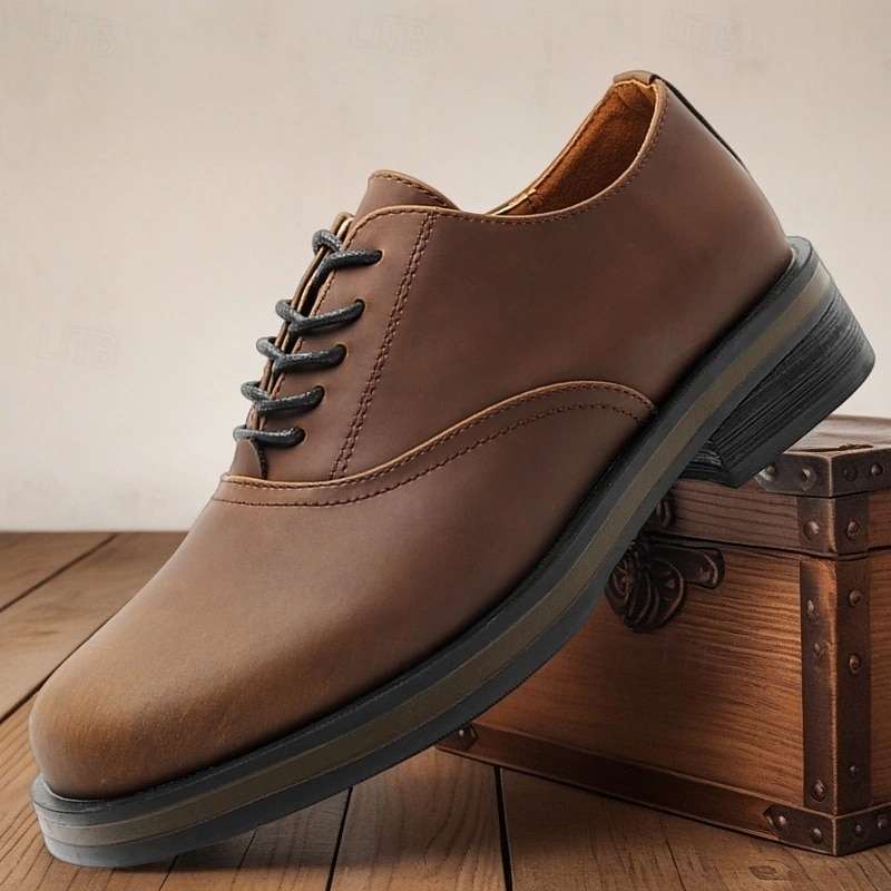 Men's Brown Faux Leather Oxford Dress Shoes – Classic Lace-Up Formal Business Footwear for Office, Weddings and Evening Events