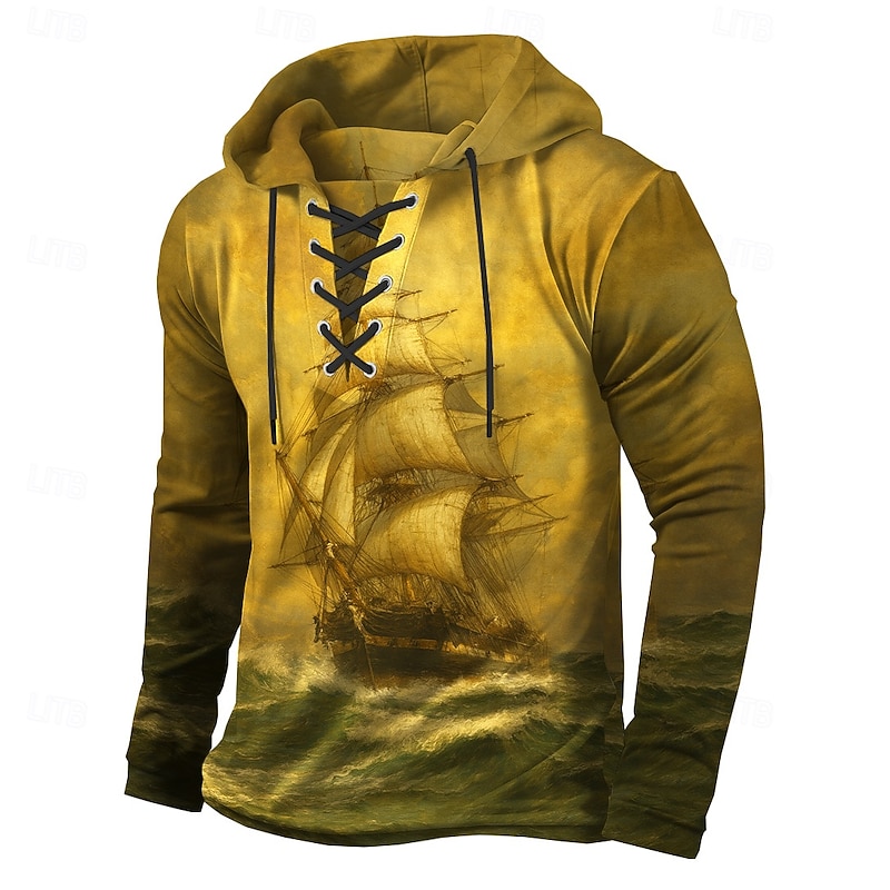 Men's Ship Hoodie Sweatshirt Stylish Vintage Retro Hooded Streetwear Yellow Green Drawstring Fall Winter Designer