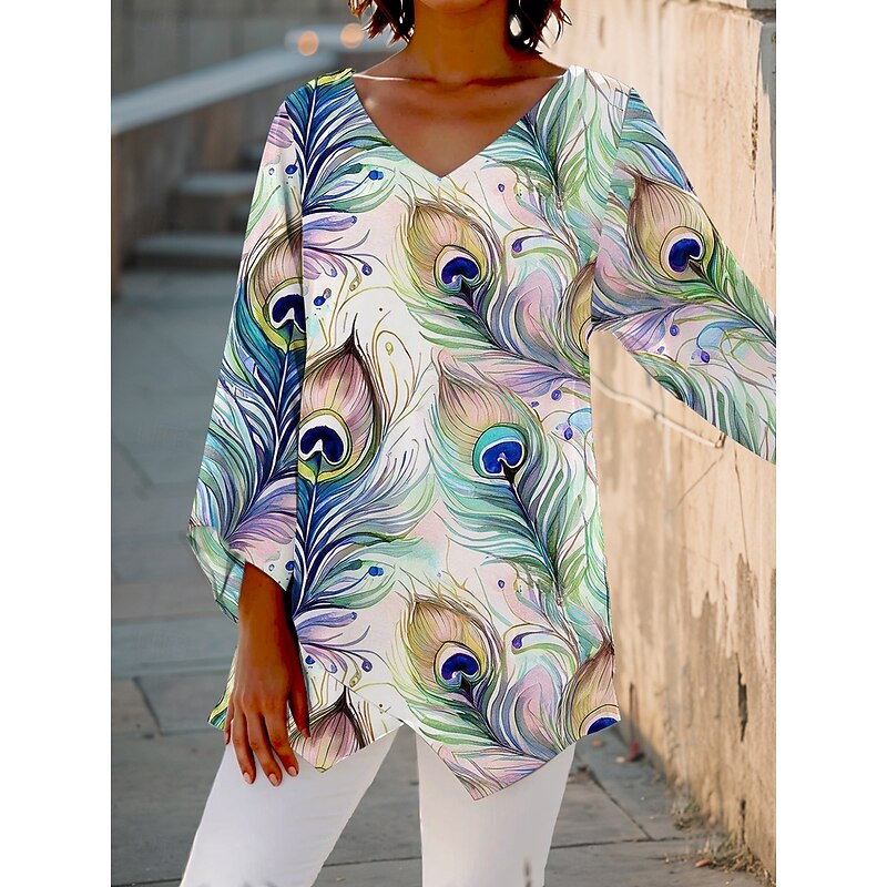 Women's Blouse Graphic Animal Abstract Vintage Stylish Casual 3/4 Length Sleeve V Neck Regular Tops Daily Holiday Print White Blue Green Summer Spring Fall3