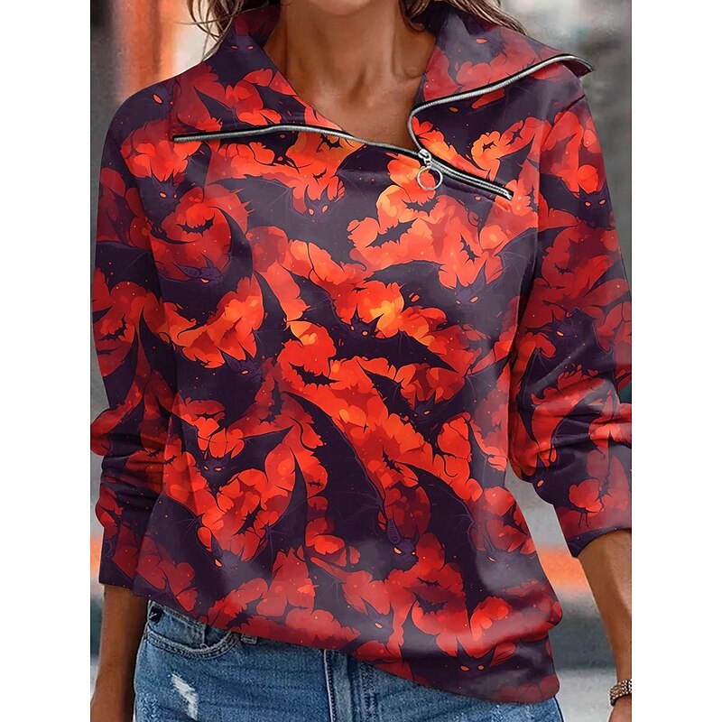 Halloween Women's Sweatshirts Casual Long Sleeve High Neck Regular Tops Casual Zipper Wine Red Blue Orange Brown Fall4