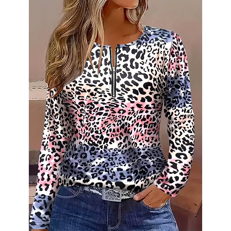 Women's T Shirt Ombre Graphic Leopard Elegant Vintage Stylish Long Sleeve V Neck Regular Tops Daily Weekend Zipper Print Pink Spring Fall